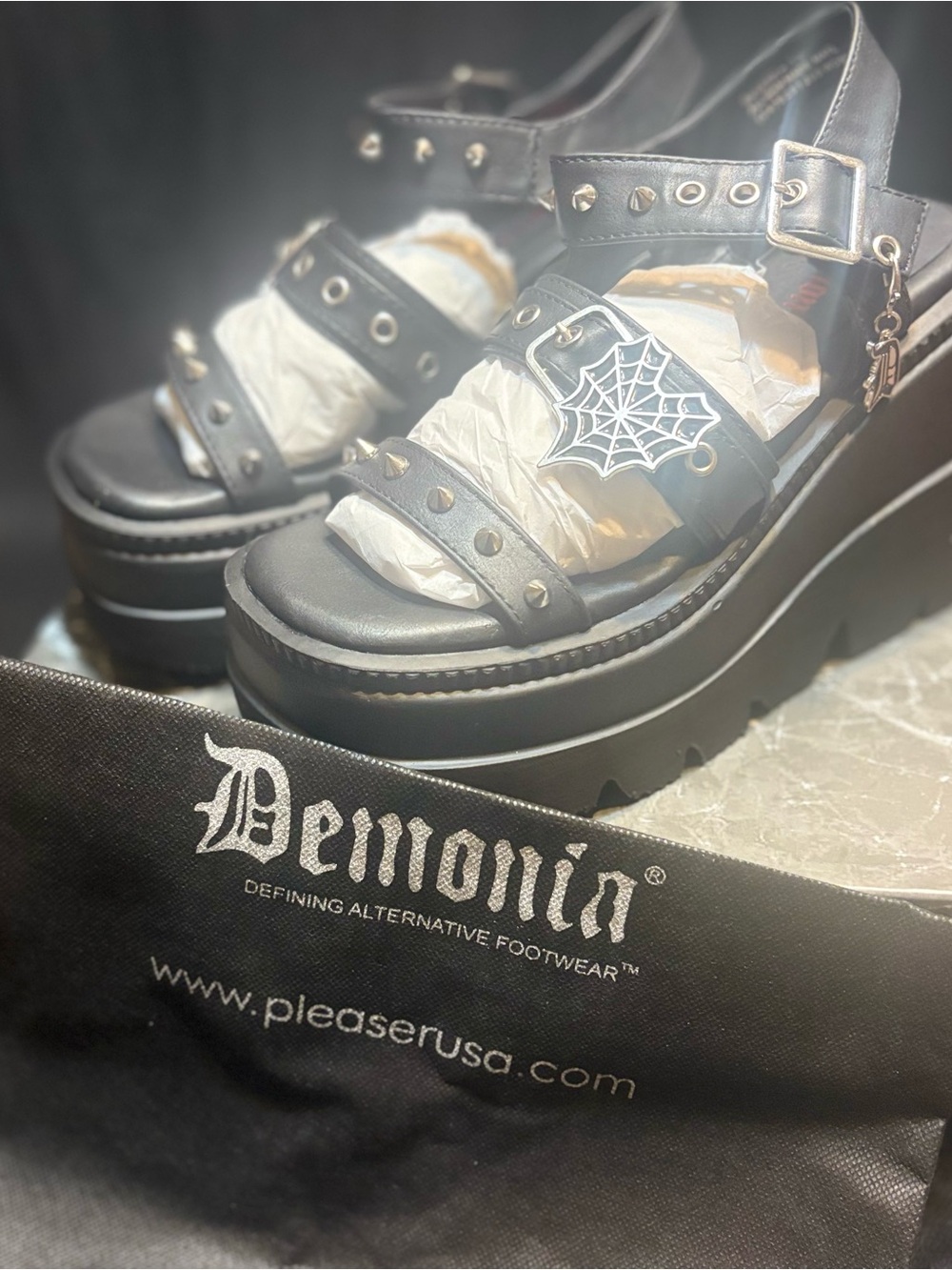 Demonia Black Platform Sandals with Spiderweb Charm NWT